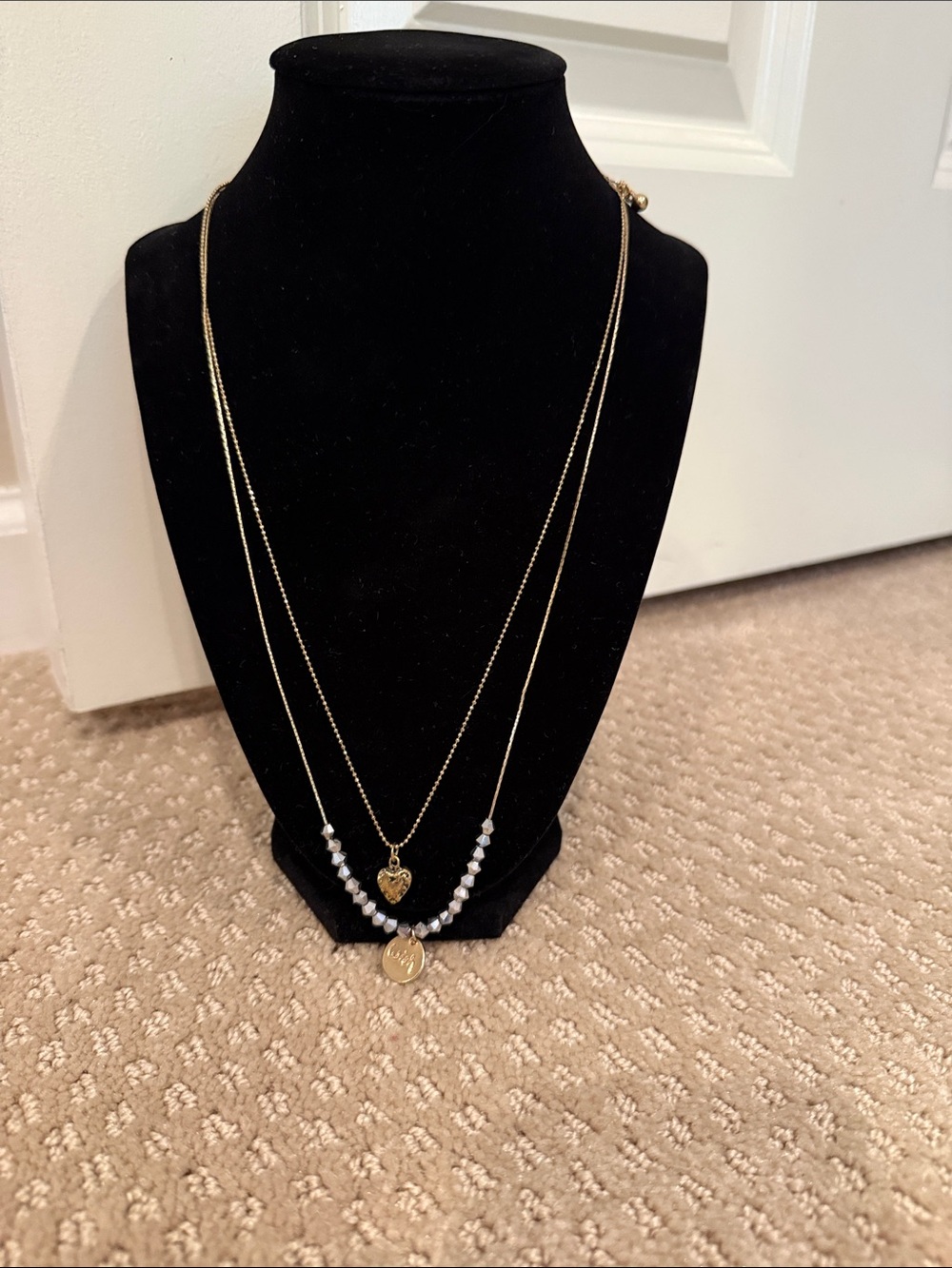 Gold Layered Heart & Coin Pendant Necklace Set - White Bead Accent